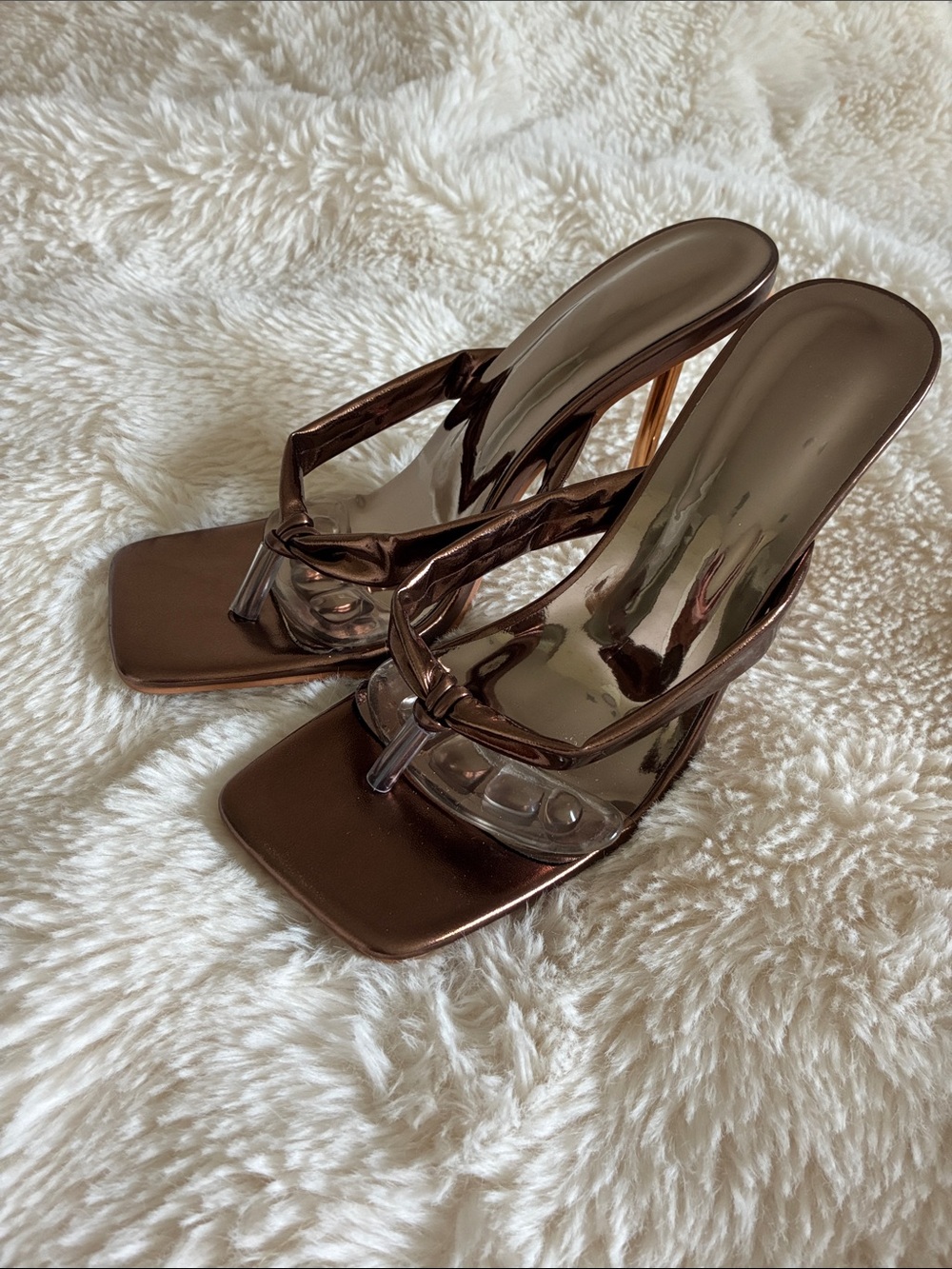 Metallic Bronze Square-Toe Heeled Sandals